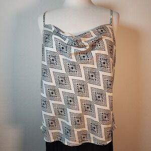 Banana Republic Womens Top L‎ Black White Diamond Print Cowl Neck Sleeveless